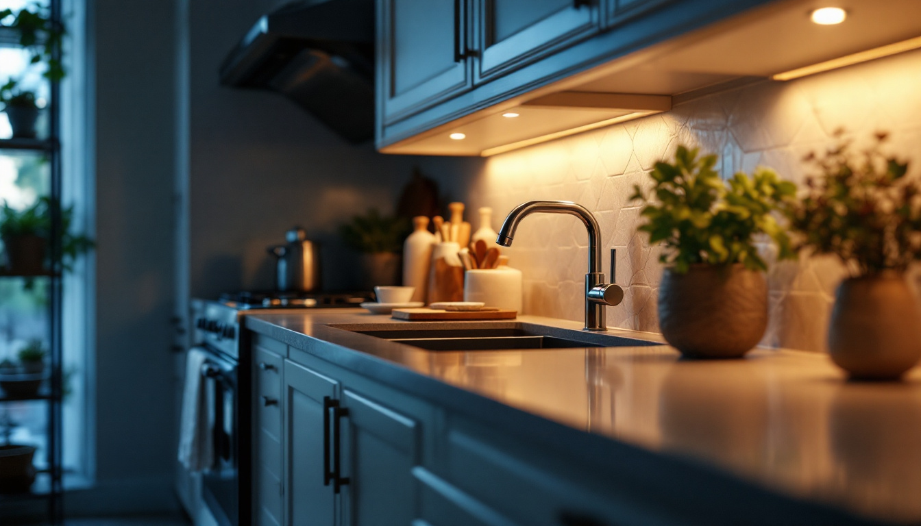 A photograph of capture a photograph of a beautifully illuminated kitchen countertop featuring under-cabinet lighting