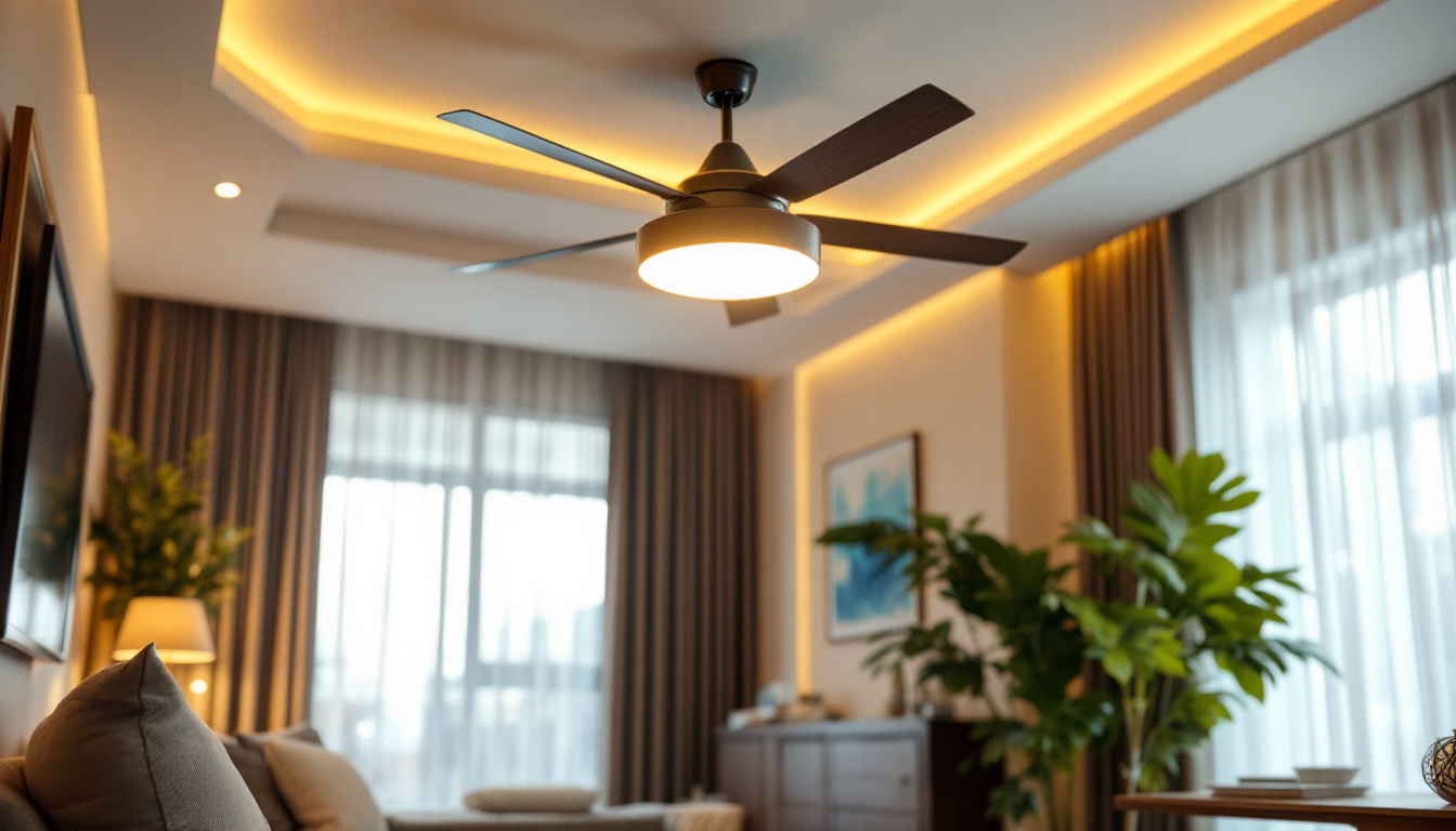 A photograph of a stylish ceiling fan with integrated lighting in a well-decorated living space