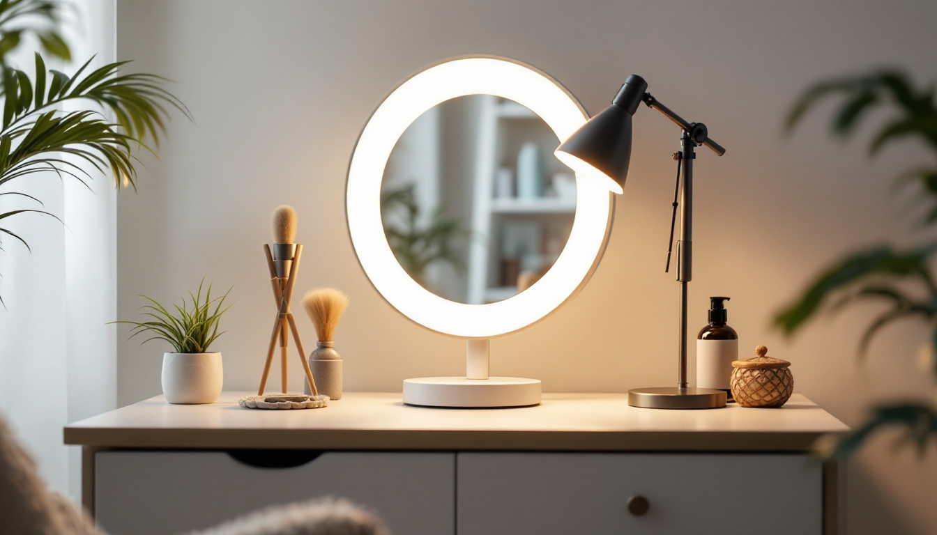 A photograph of a beautifully designed vanity lamp in a softly lit setting
