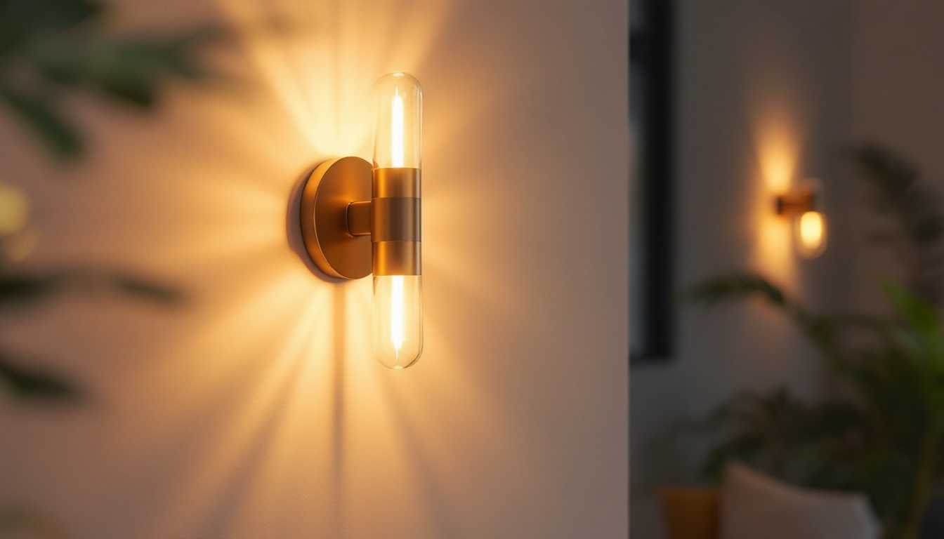 A photograph of a stylish wall sconce light illuminated in a cozy interior setting