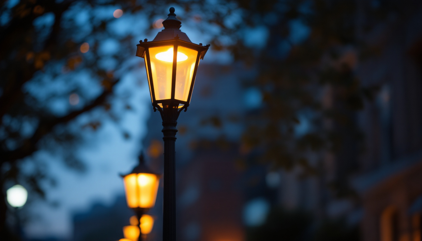 A photograph of a beautifully illuminated lamp post at dusk