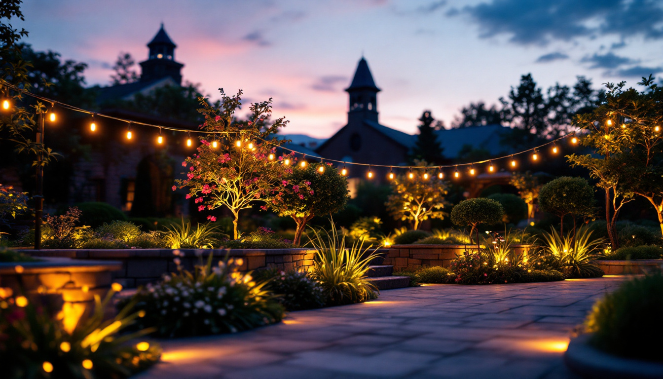 A photograph of a beautifully illuminated outdoor space featuring various styles of led lights
