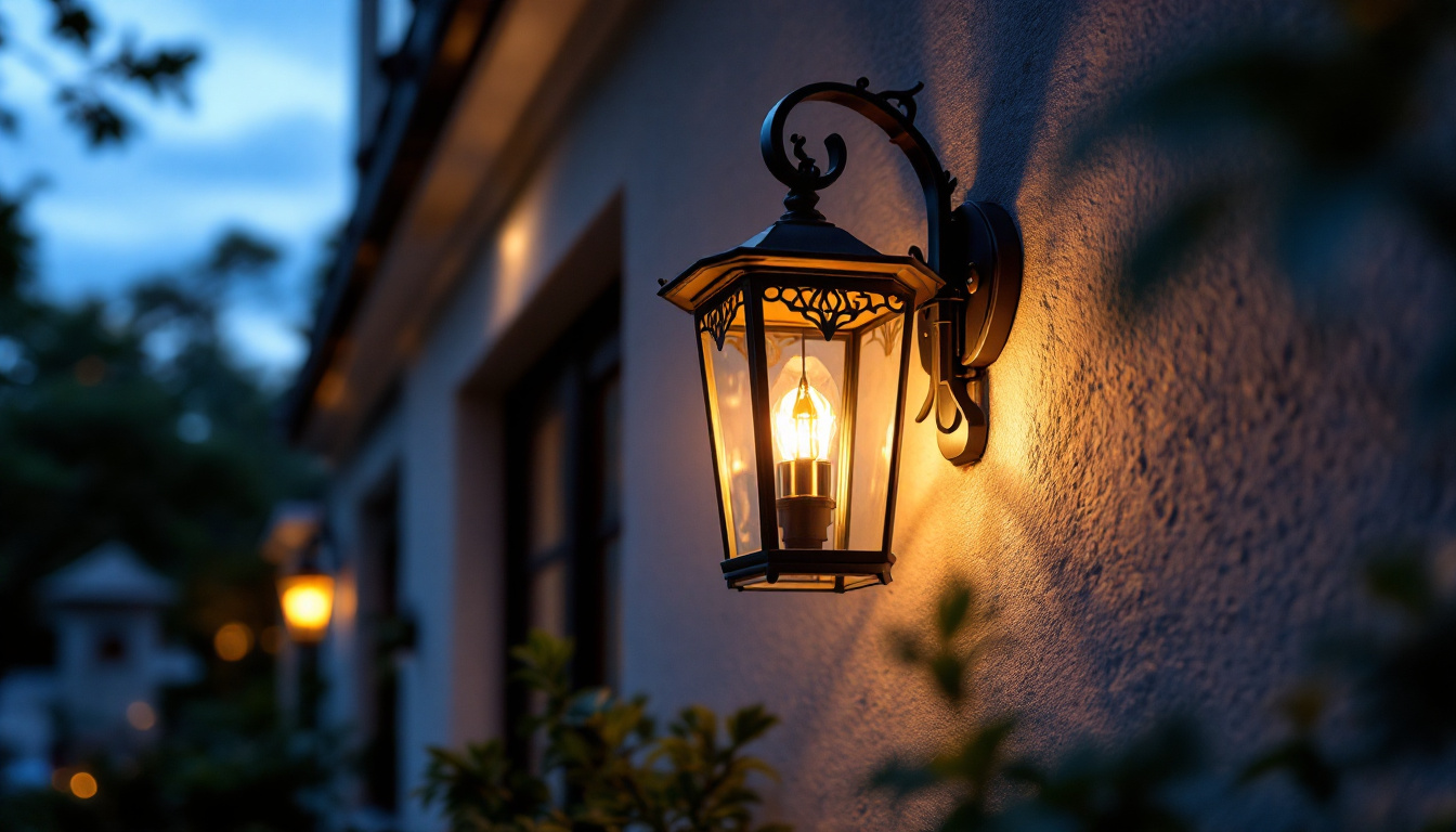 A photograph of a beautifully designed exterior wall lantern illuminated at dusk