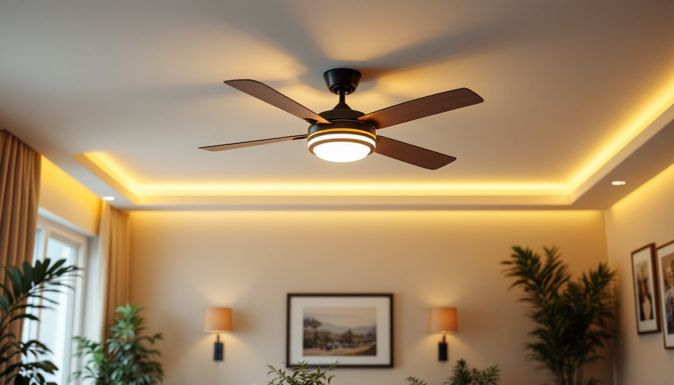 A photograph of a stylish ceiling fan with integrated lighting in a well-decorated room
