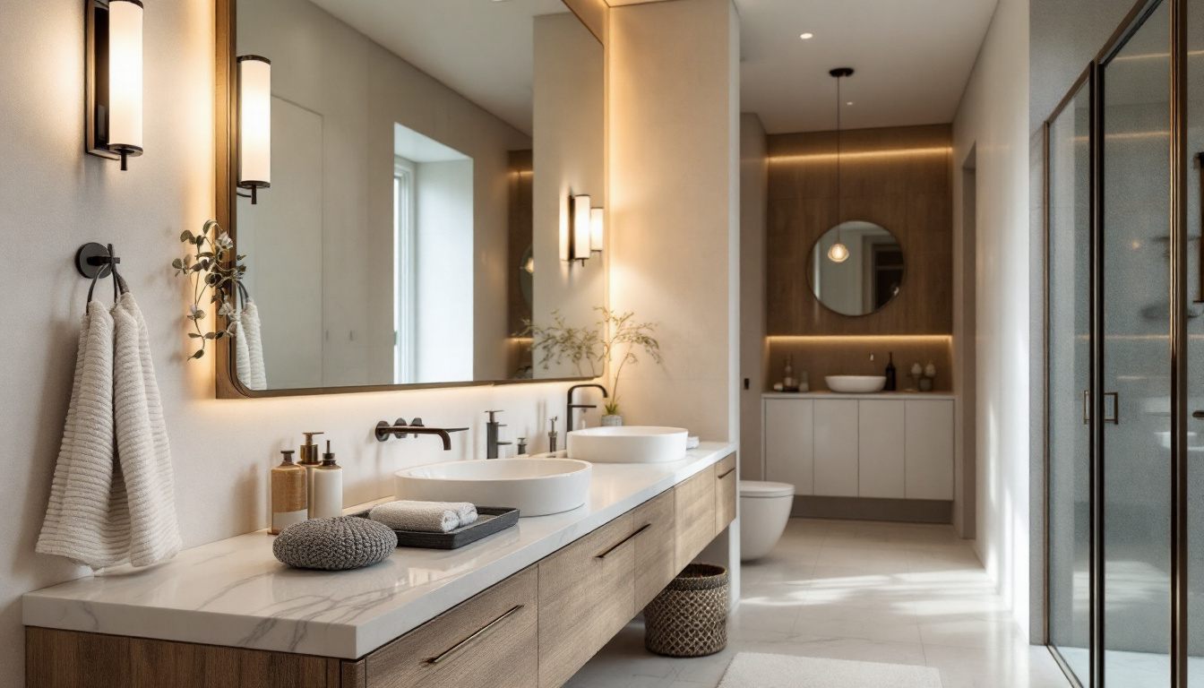 A photograph of a beautifully designed bathroom featuring stylish vanity lights that illuminate the space