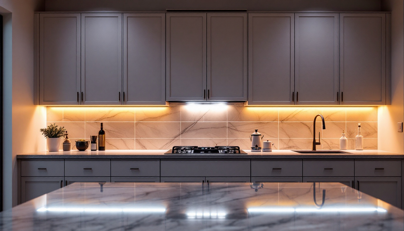 A photograph of a beautifully designed kitchen with sleek led under cabinet lighting illuminating the countertops