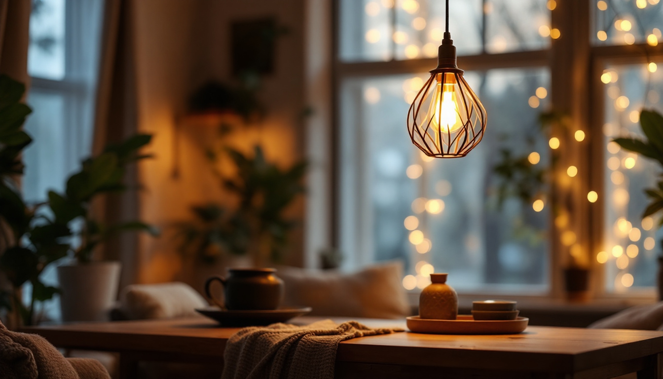 A photograph of a beautifully designed hanging lamp in a cozy