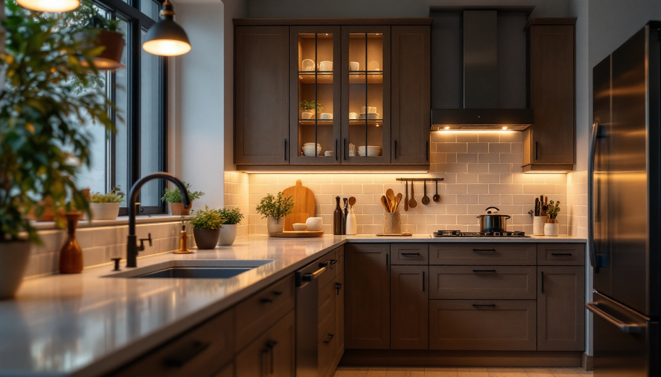 A photograph of a beautifully designed kitchen featuring warm and inviting undercabinet lighting that highlights the countertop and enhances the overall ambiance