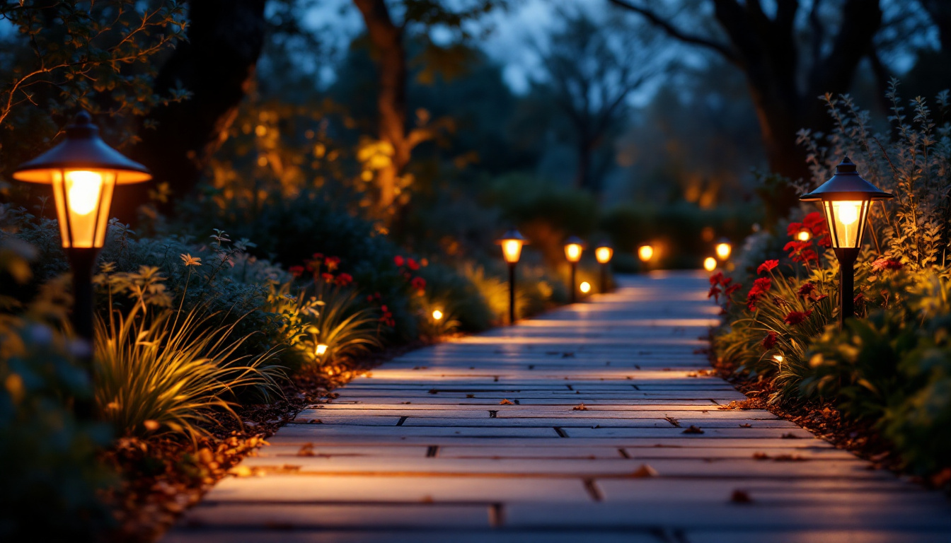A photograph of a beautifully illuminated path lined with stylish path lights at dusk