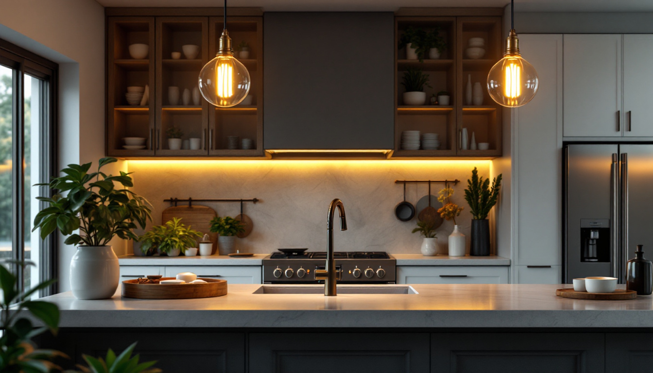 A photograph of a beautifully designed kitchen featuring stylish hanging lights