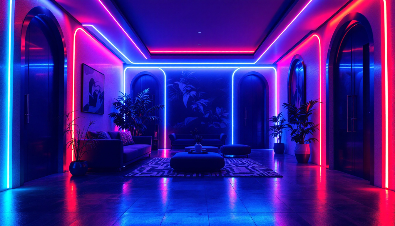 A photograph of capture a photograph of a beautifully lit space showcasing vibrant led tape lights accentuating architectural features or decor