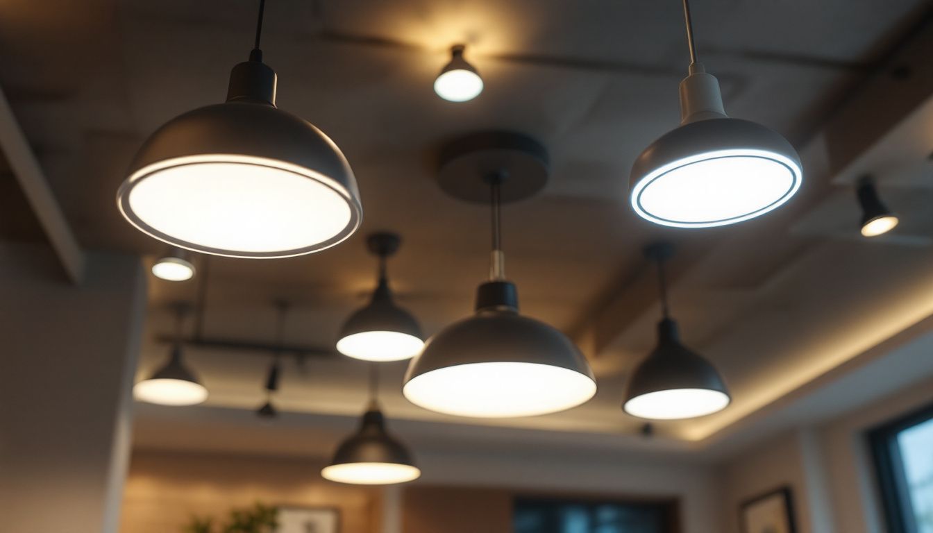 A photograph of a modern drop ceiling installation featuring various types of stylish drop ceiling lights