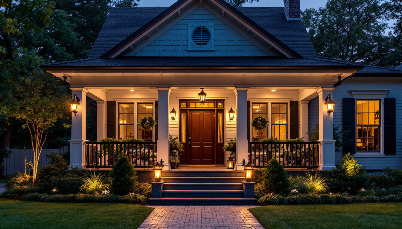 A photograph of a beautifully illuminated front porch at dusk