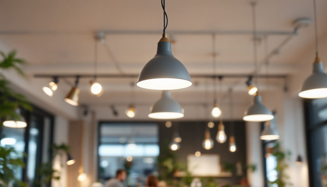 A photograph of a well-lit commercial space showcasing various lighting fixtures in use