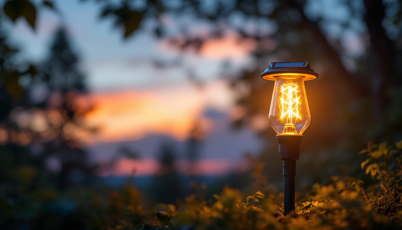 A photograph of a solar light bulb illuminated at dusk in a serene outdoor setting