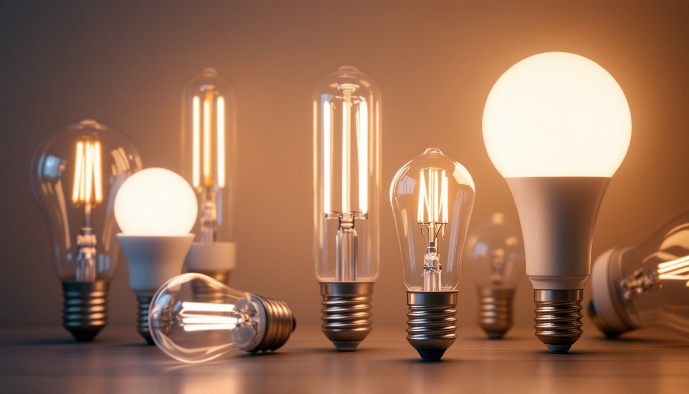A photograph of a variety of t8 led light bulbs displayed in a well-lit environment