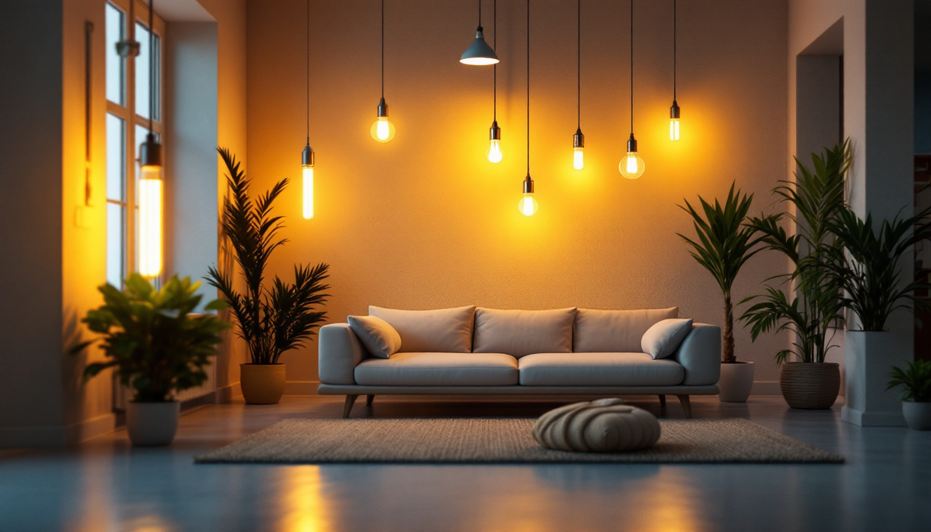 A photograph of a brightly lit room showcasing various t8 led bulbs in different settings