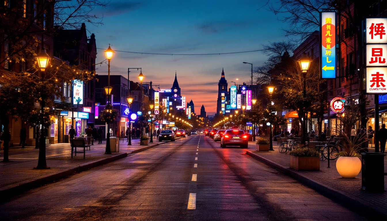 A photograph of a beautifully illuminated urban street scene at dusk