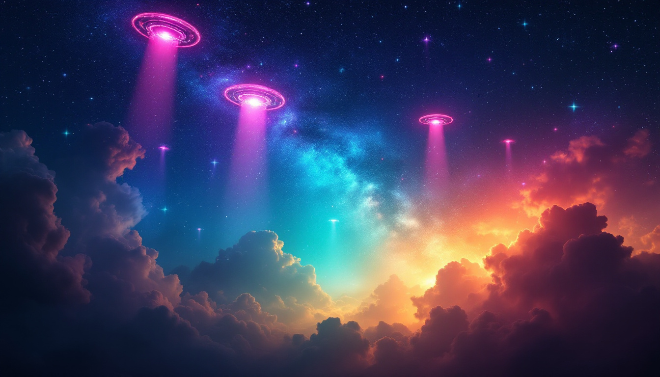 A photograph of a vibrant night sky illuminated by colorful ufo-like lights
