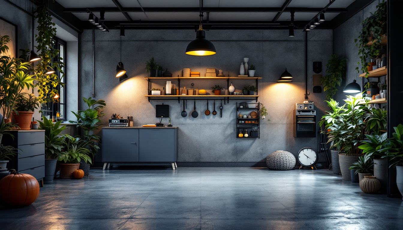 A photograph of a well-lit garage showcasing various stylish light fixtures