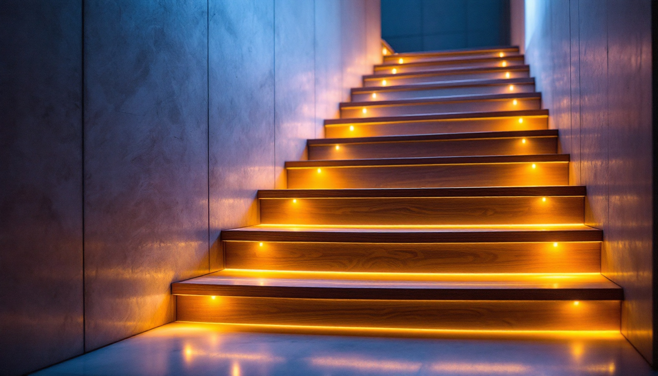 A photograph of a beautifully designed staircase featuring integrated led lighting