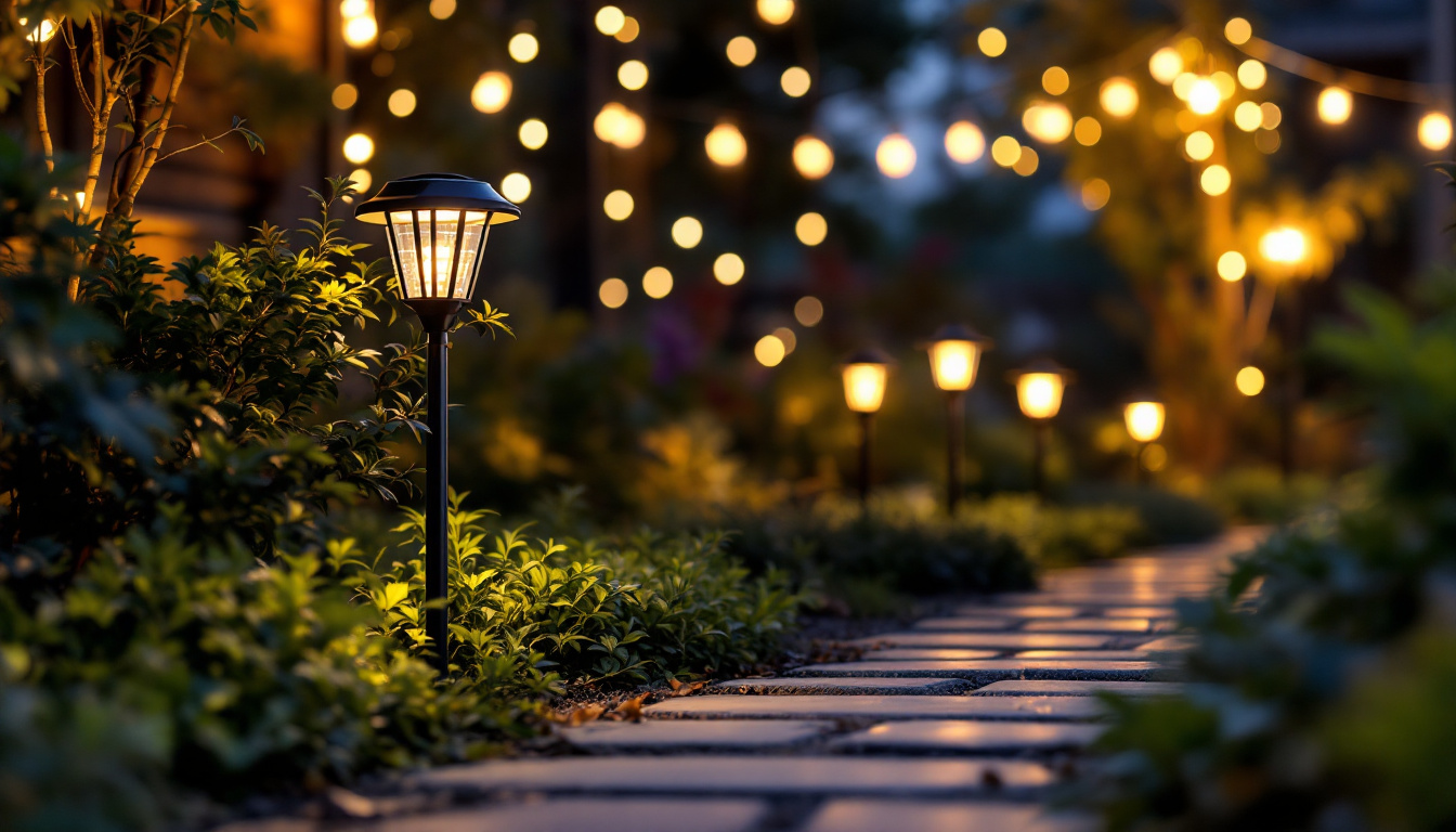 A photograph of a beautifully illuminated outdoor space featuring various styles of led solar lights