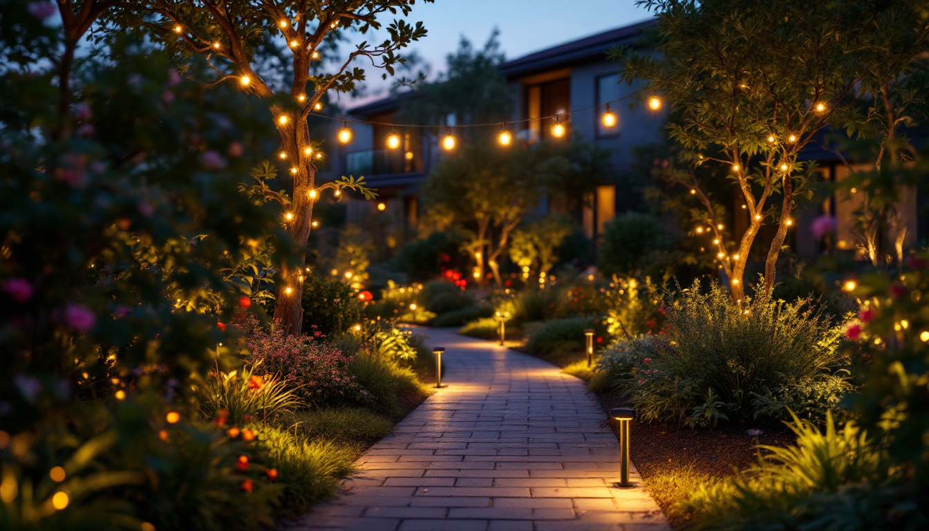 A photograph of a beautifully illuminated outdoor space featuring a variety of led lights in use