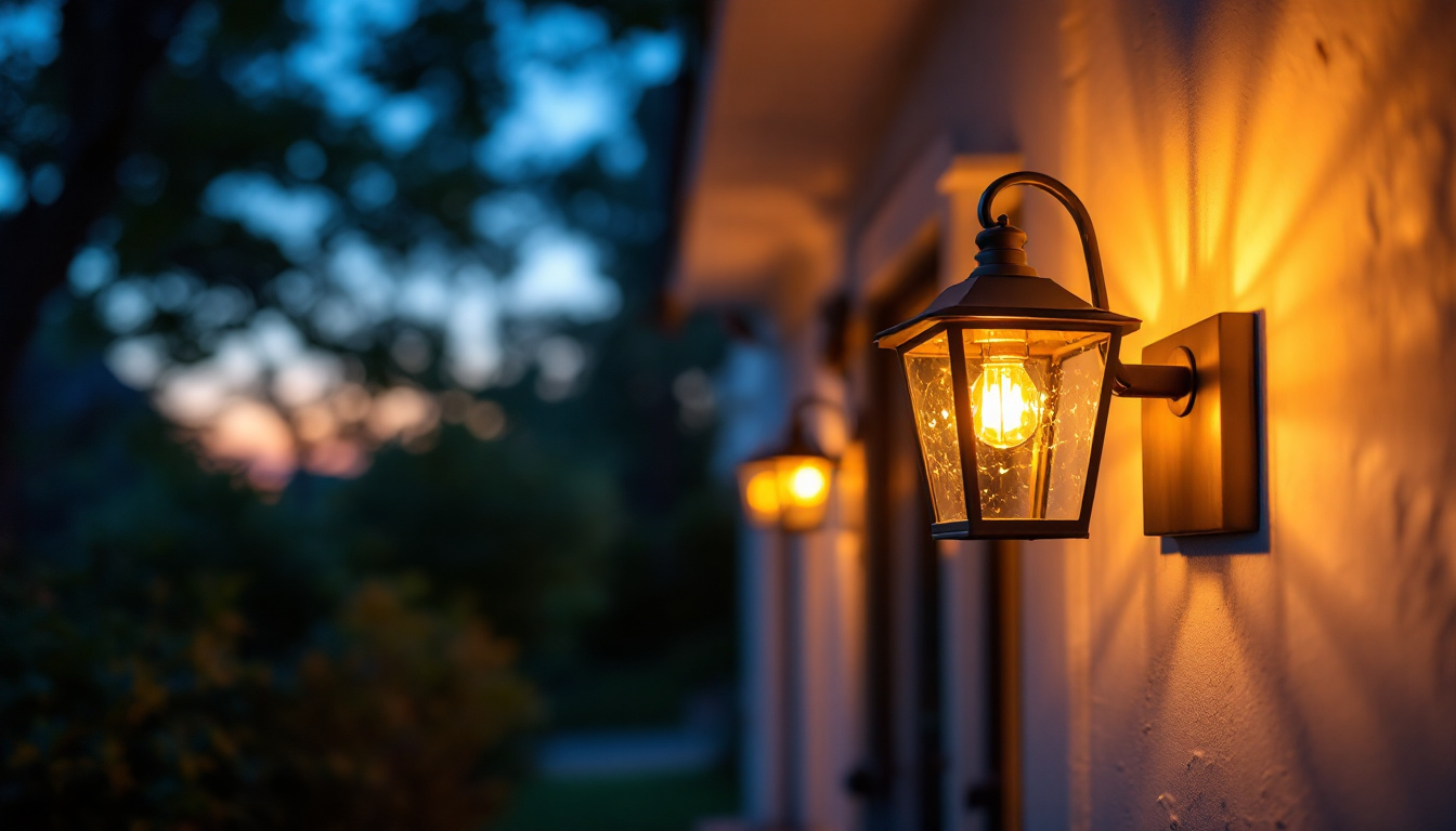 A photograph of a beautifully designed porch light fixture illuminated at dusk
