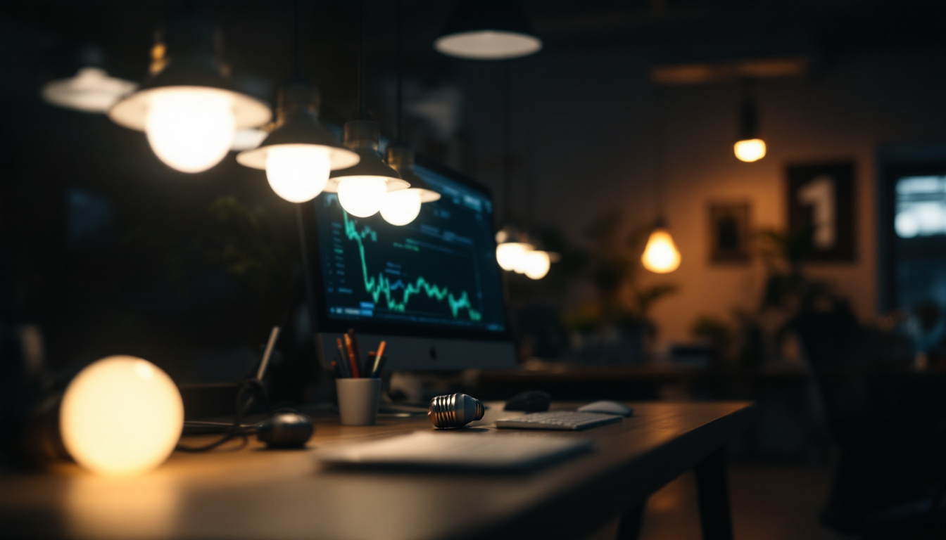 A photograph of a well-lit workspace featuring various t8 bulbs in different settings