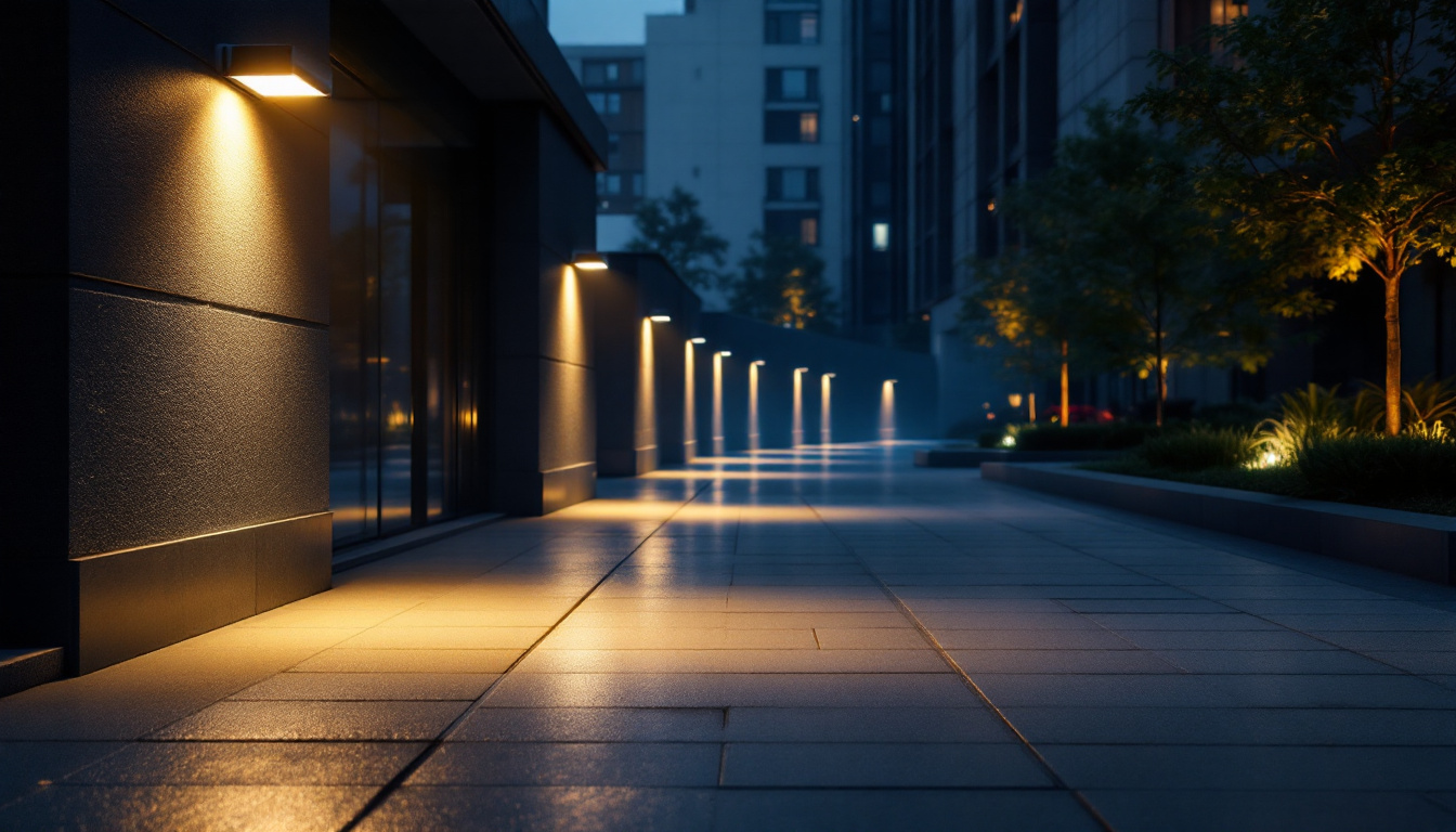 A photograph of a well-lit outdoor space featuring strategically placed security lights illuminating pathways and entry points