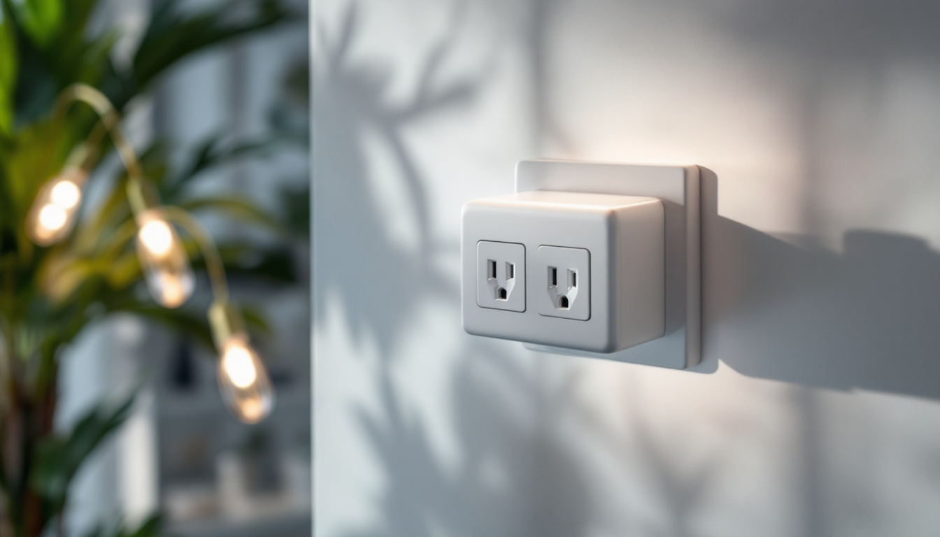 A photograph of a stylishly designed duplex outlet in a well-lit room