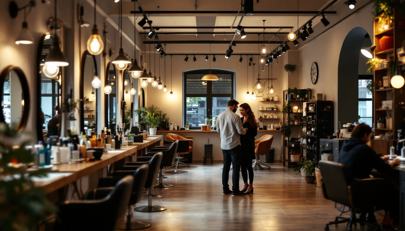 A photograph of a well-lit hair salon interior showcasing various lighting fixtures