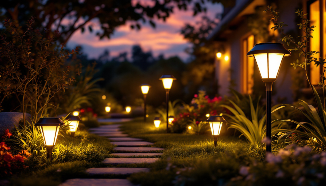 A photograph of a beautifully illuminated outdoor space featuring a variety of solar lights in use