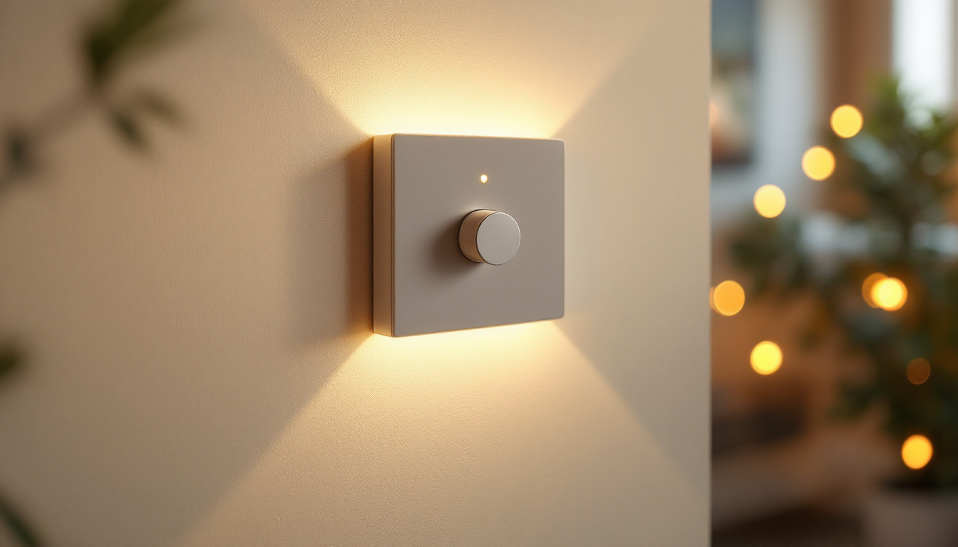 A photograph of a stylish dimmer switch installed on a wall
