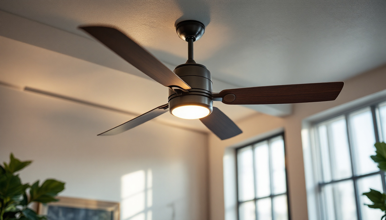 A photograph of capture a photograph of a stylish industrial ceiling fan installed in a spacious