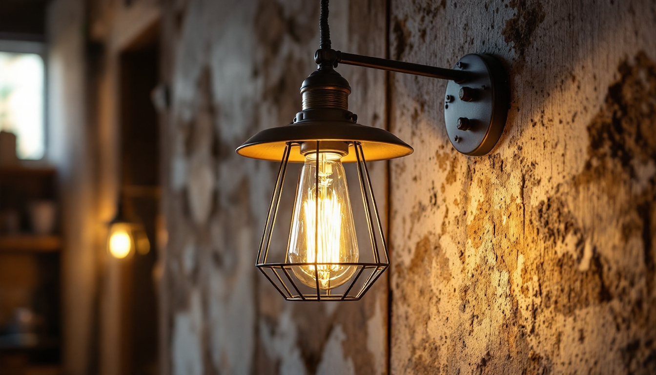 A photograph of a beautifully designed barn light fixture illuminating a rustic interior space