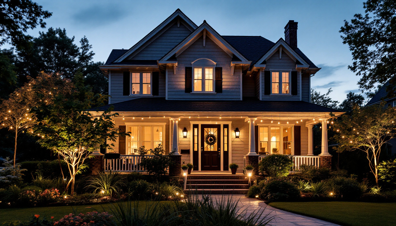 A photograph of a beautifully illuminated exterior of a house at dusk