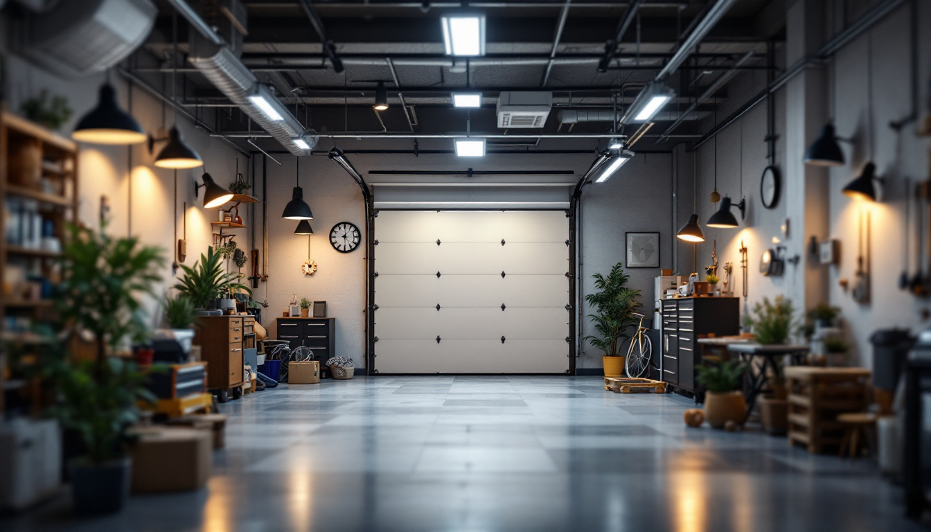 A photograph of a well-lit garage space showcasing various types of lighting fixtures