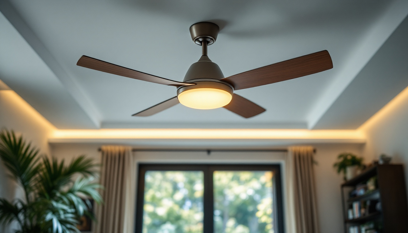 A photograph of a stylish ceiling fan in a well-lit living space