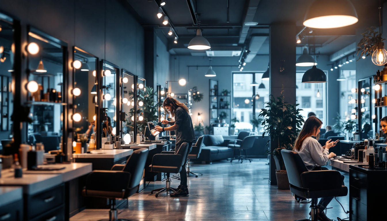 A photograph of a well-lit hair salon interior showcasing various task lighting fixtures in use