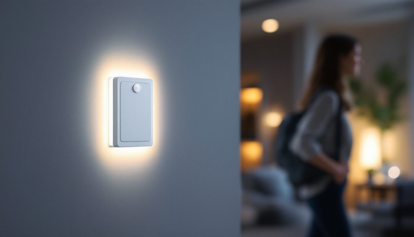 A photograph of a sleek motion detector light switch installed on a modern wall