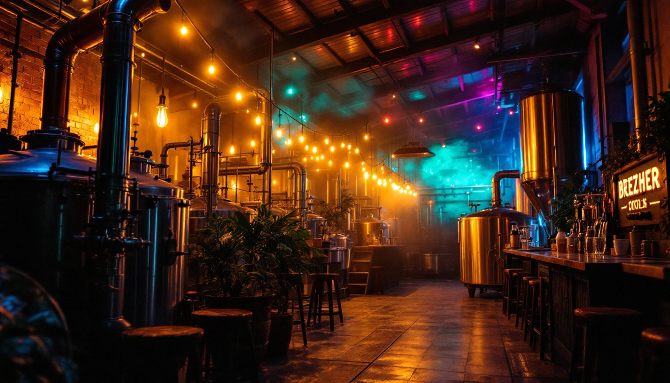 A photograph of a vibrant brewery illuminated by an array of colorful lights