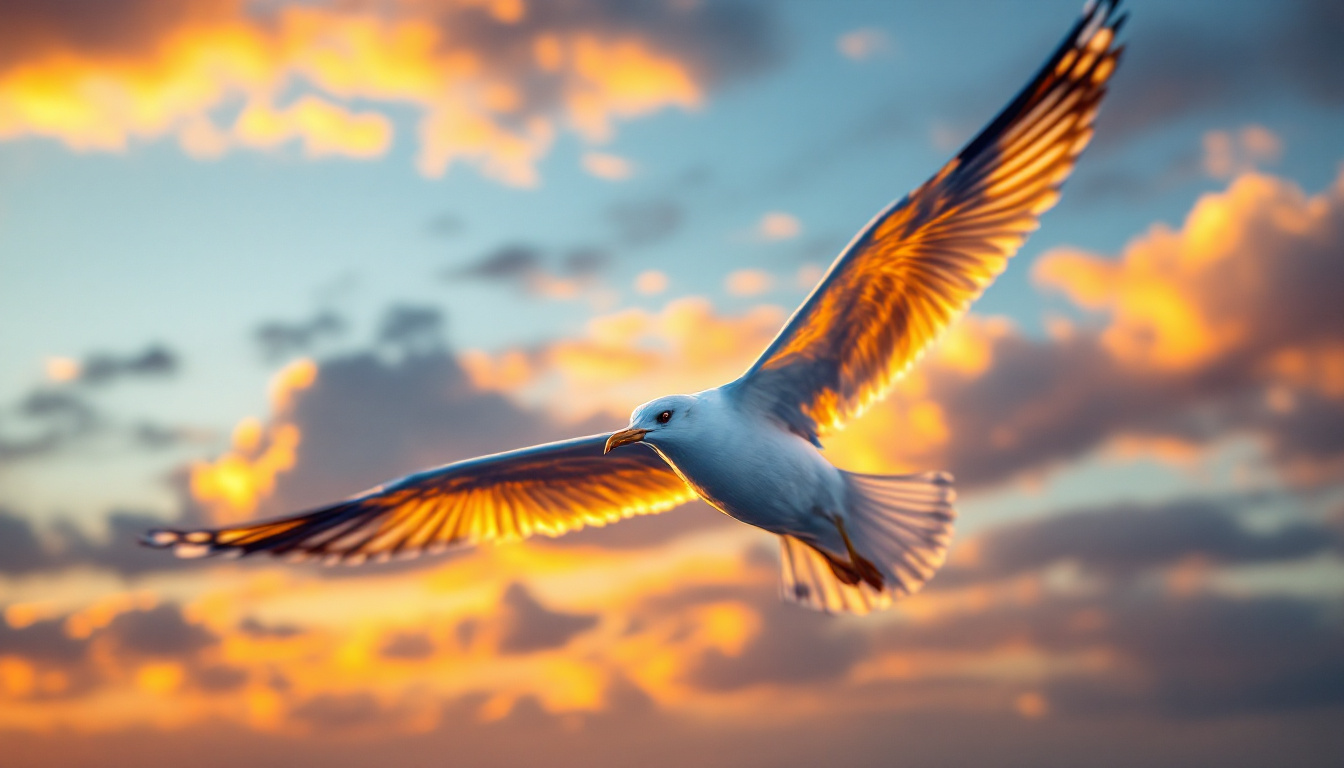 A photograph of a seagull gracefully soaring against a vibrant sunset