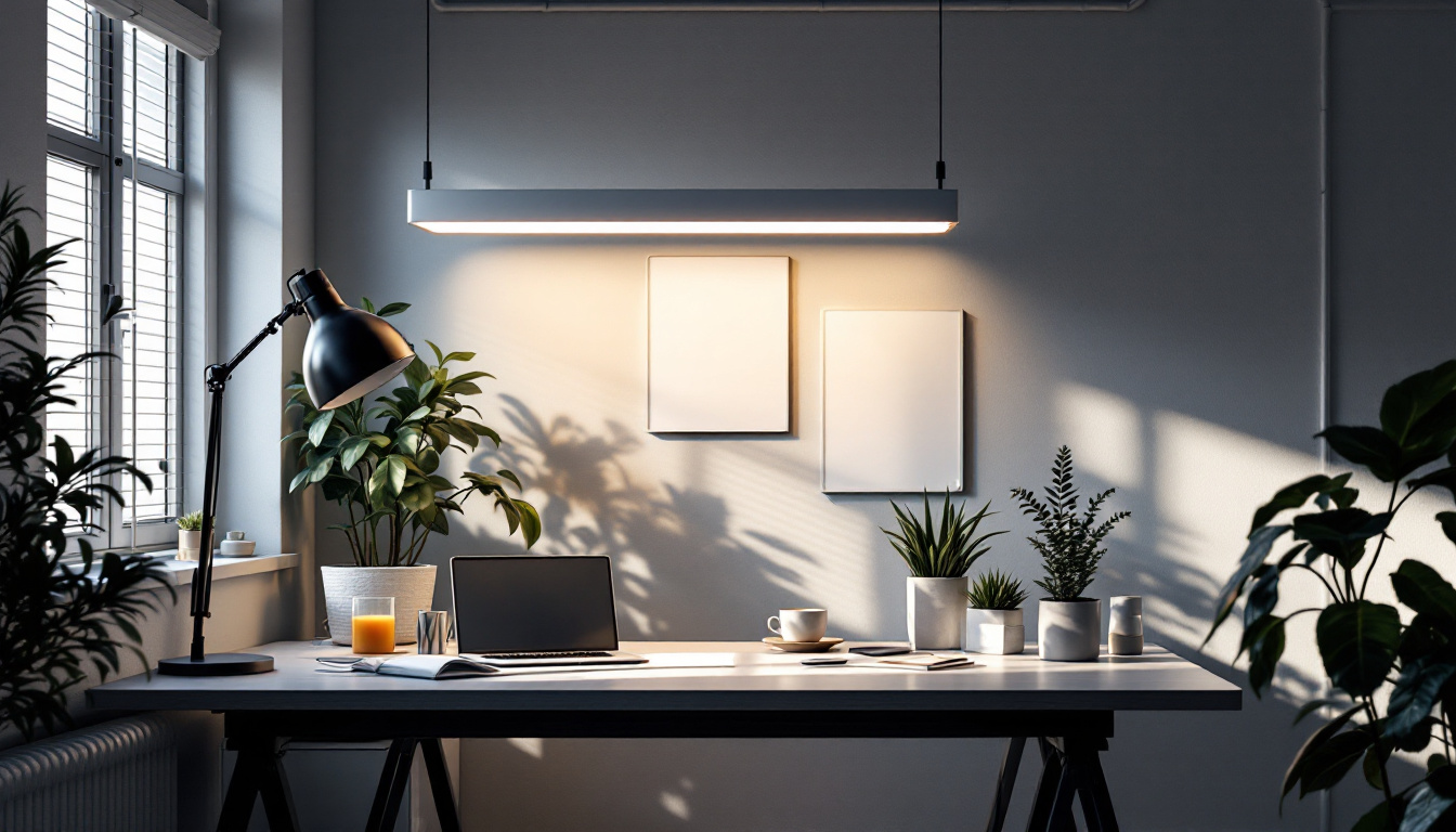 A photograph of a modern workspace illuminated by fluorescent lighting