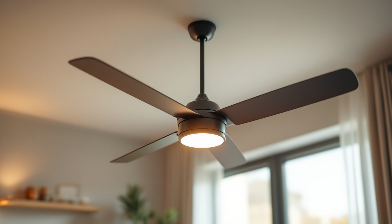A photograph of a stylish ceiling fan with an integrated light kit
