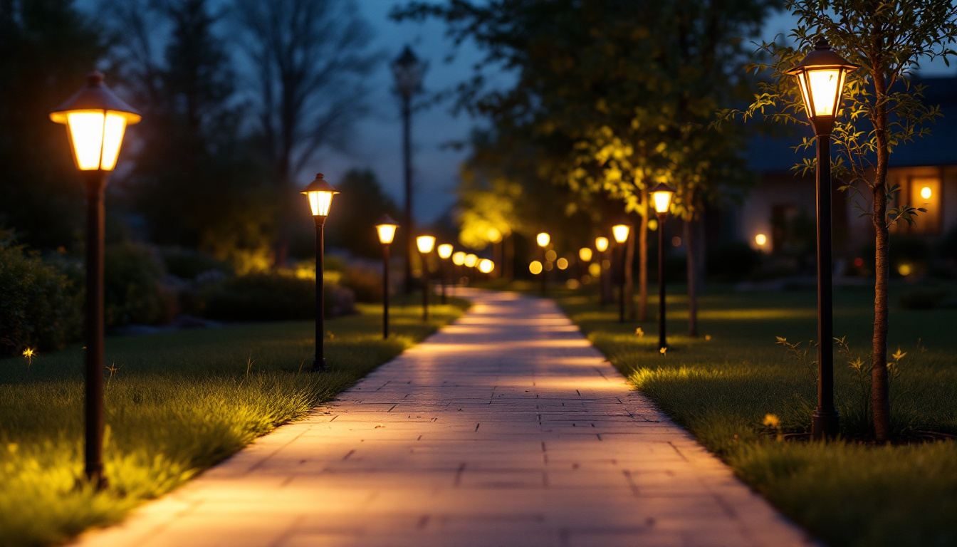 A photograph of a beautifully illuminated walkway at dusk