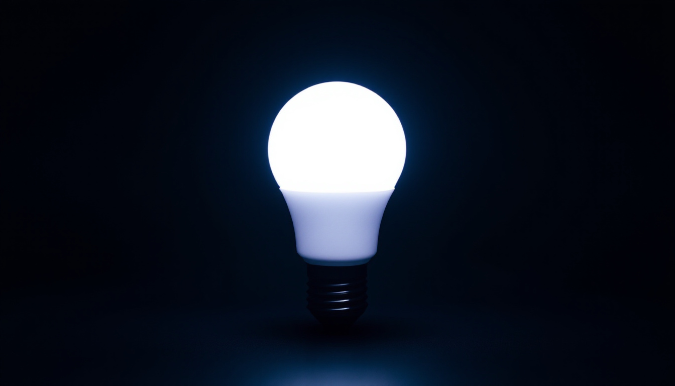 A photograph of a close-up shot of a led screw-in bulb illuminated by a dc power source