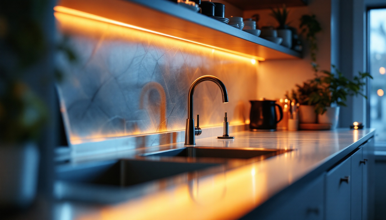 A photograph of a stylish kitchen or workspace featuring warm