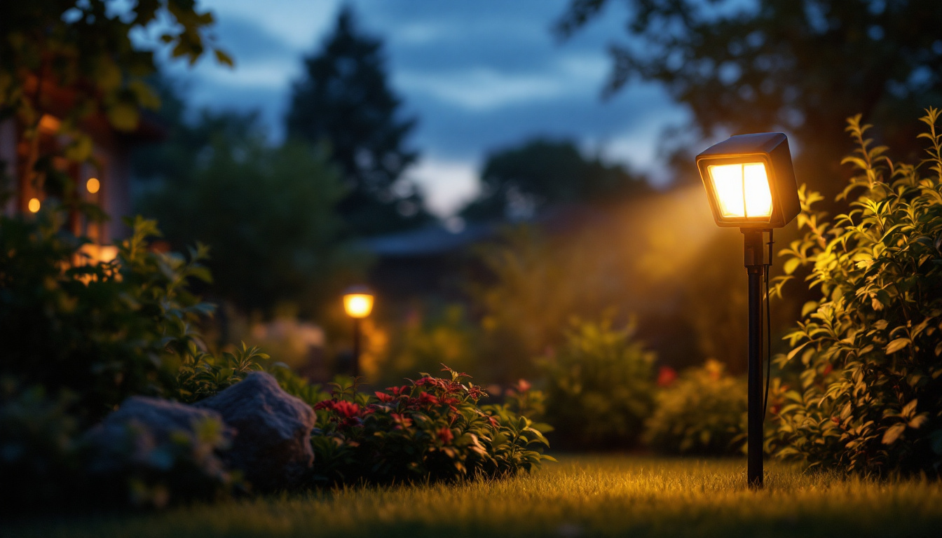A photograph of capture a photograph of an outdoor floodlight illuminating a backyard or garden scene at dusk