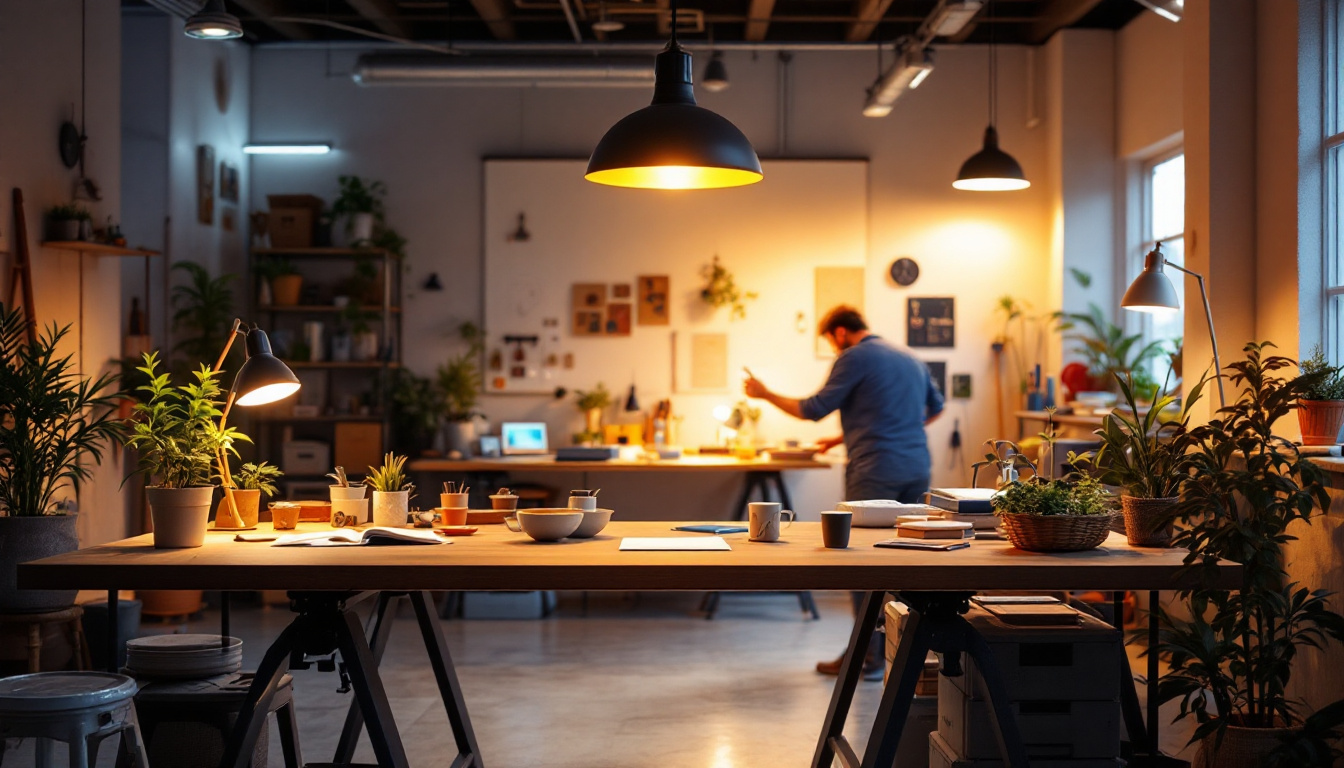 A photograph of a well-lit workspace featuring various types of workshop lighting